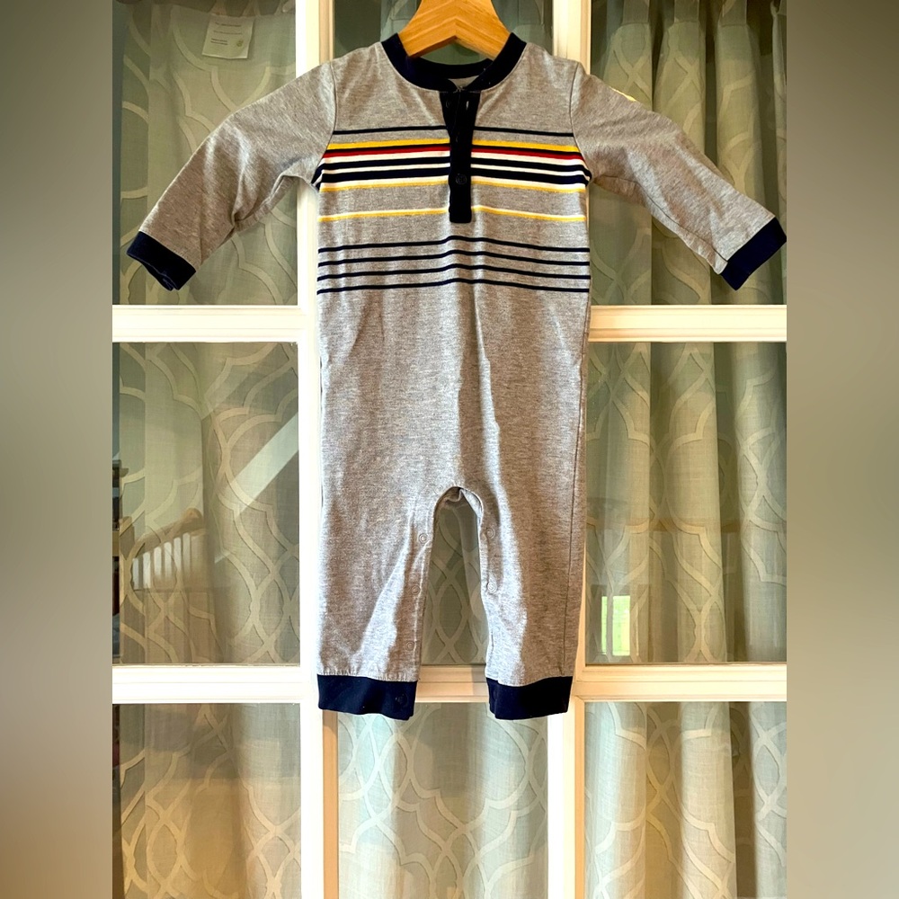 Gymboree size 12-18 months Gray and Navy Striped One Piece playsuit romper EUC